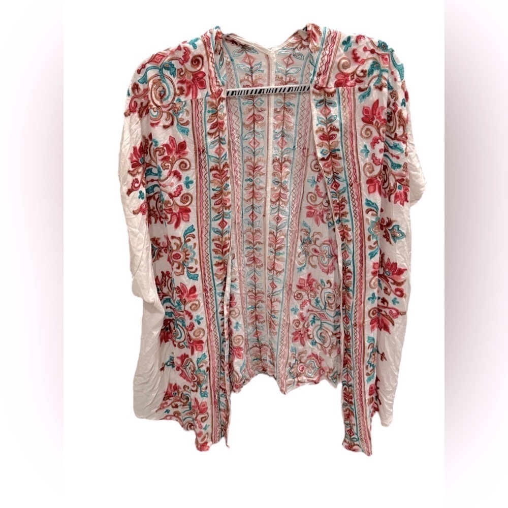 Umgee Kimono Duster Cardigan Floral Embroidered Boho Short Sleeve White S/M
